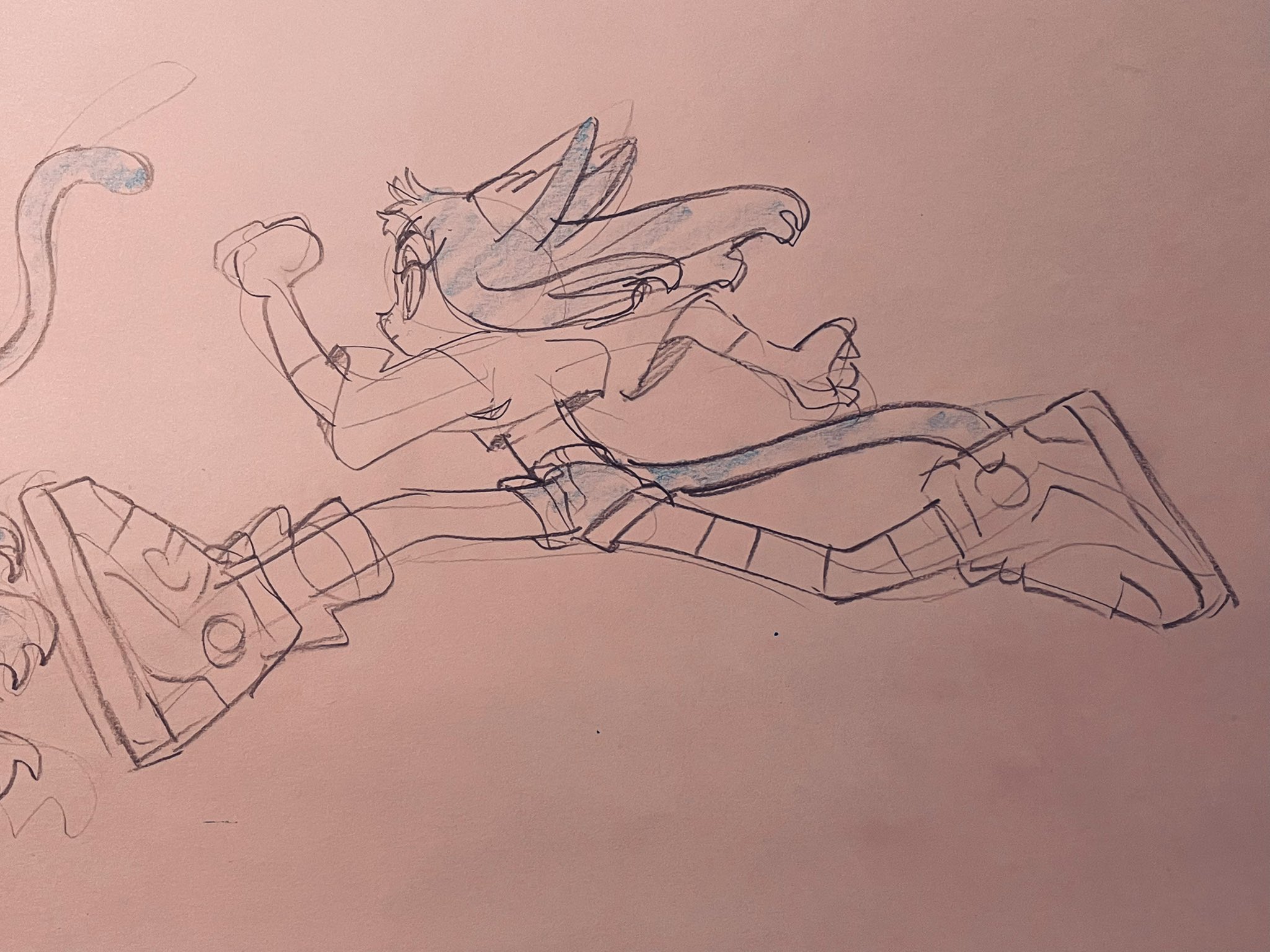 the image is a sketch of a cat girl in midair, either running or jumping. she is drawn with dynamic, energetic lines that convey a sense of movement. her hair and clothes are flowing behind her, further emphasizing the action. the sketch is done in a style reminiscent of anime or manga.