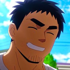 the image is a closeup illustration of a man with short, dark hair and a joyful expression. he has thick eyebrows, a wide smile showcasing his teeth, and noticeable stubble on his chin. the lighting suggests a bright, sunny day, and the background is blurred, indicating an outdoor setting. the style of the illustration points towards anime or manga.