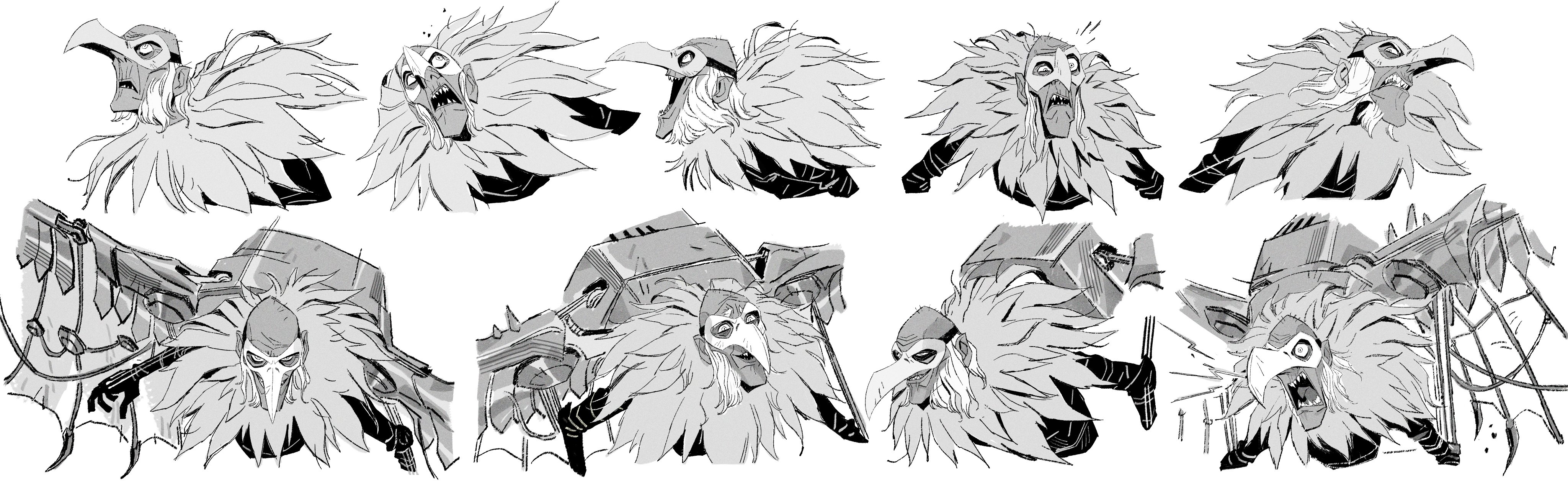 this is a black and white drawing of nine different perspectives of a monstrous, birdlike creature. the creature has a beak with a sharp mask over its face and a large, fluffy, feathered head. the drawings appear to be sketches for a character design for a fantasy creature.