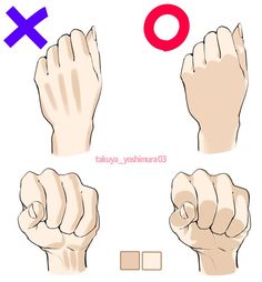the image shows two different ways to draw a fist. the first way, marked with an x, is incorrect because the fingers are not curled properly. the second way, marked with a circle, is correct because the fingers are curled in a natural way. the image also includes a color palette of five skin tones.