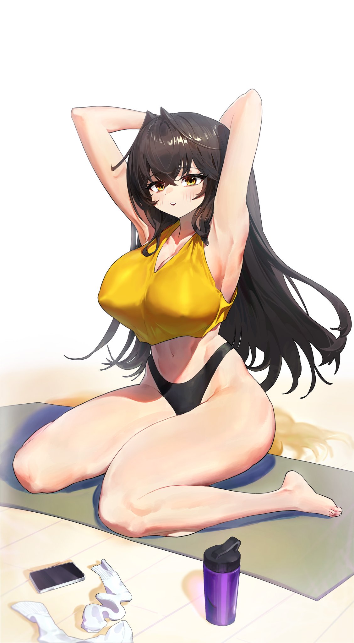 an anime woman with long brown hair is wearing a yellow sports bra and black shorts, she is sitting on a yoga mat with a water bottle beside her, she looks fit and athletic. she appears to be stretching her legs or doing some type of yoga pose. the background is white with some shadows around the woman and mat. it is an illustration.