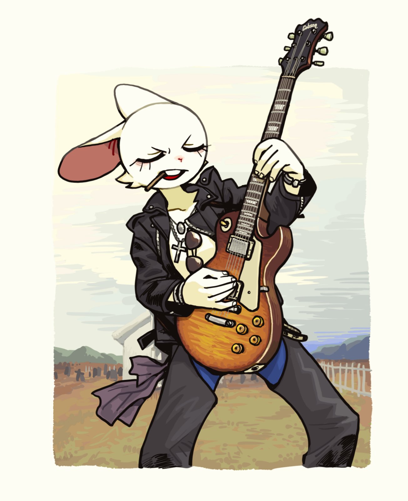 a cartoon rabbit in a leather jacket plays a les paul guitar. the rabbit is smoking a cigarette and wearing sunglasses. they are in a graveyard, surrounded by gravestones.