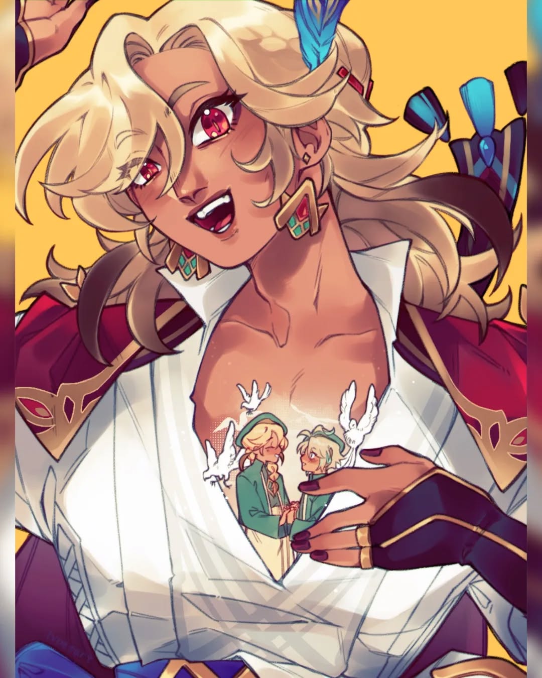 the image is a piece of vibrant fanart, likely inspired by the video game genshin impact. it features a stylized depiction of albedo, a character known for their blonde hair and distinctive features.  albedo is shown from the chest up, with their chest slightly open to reveal a miniature scene of two smaller characters, a boy and a girl, embracing amidst a flock of white doves inside their heart, suggesting a romantic or deeply affectionate subtext. albedo's expression is warm and amused. the art style is animeinfluenced, with highly saturated colors, smooth shading and detailed clothing and accessories. the background is a simple, uncluttered yellow. the overall aesthetic is fantastical and romantic.
