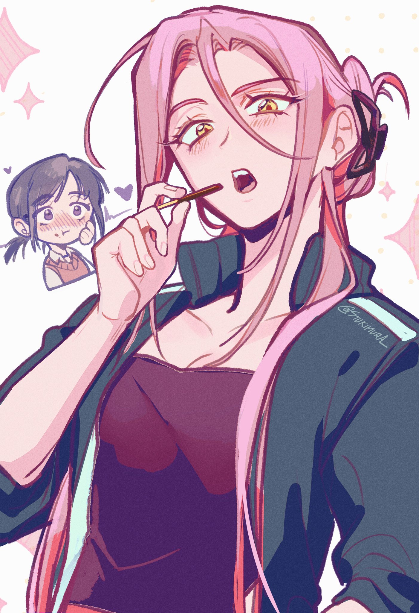 this is a digital illustration of a pinkhaired anime girl with black eyes. she is blushing and smiling while eating a candy bar, and she is looking at a small girl in a blue shirt and a brown sweater. the girl is wearing a dark blue jacket over a purple tank top. the art style is colorful and uses soft shading. the art has a light, fun tone, and the girl looks happy and carefree.