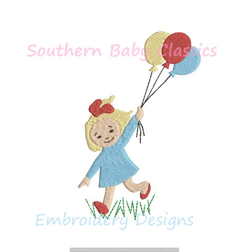 this is a digital embroidery design of a little girl running with a bunch of balloons. the girl has blonde hair, a red bow, and is wearing a blue dress. the balloons are red, yellow, and blue. the design is perfect for birthday parties, baby showers, or any other celebration.
