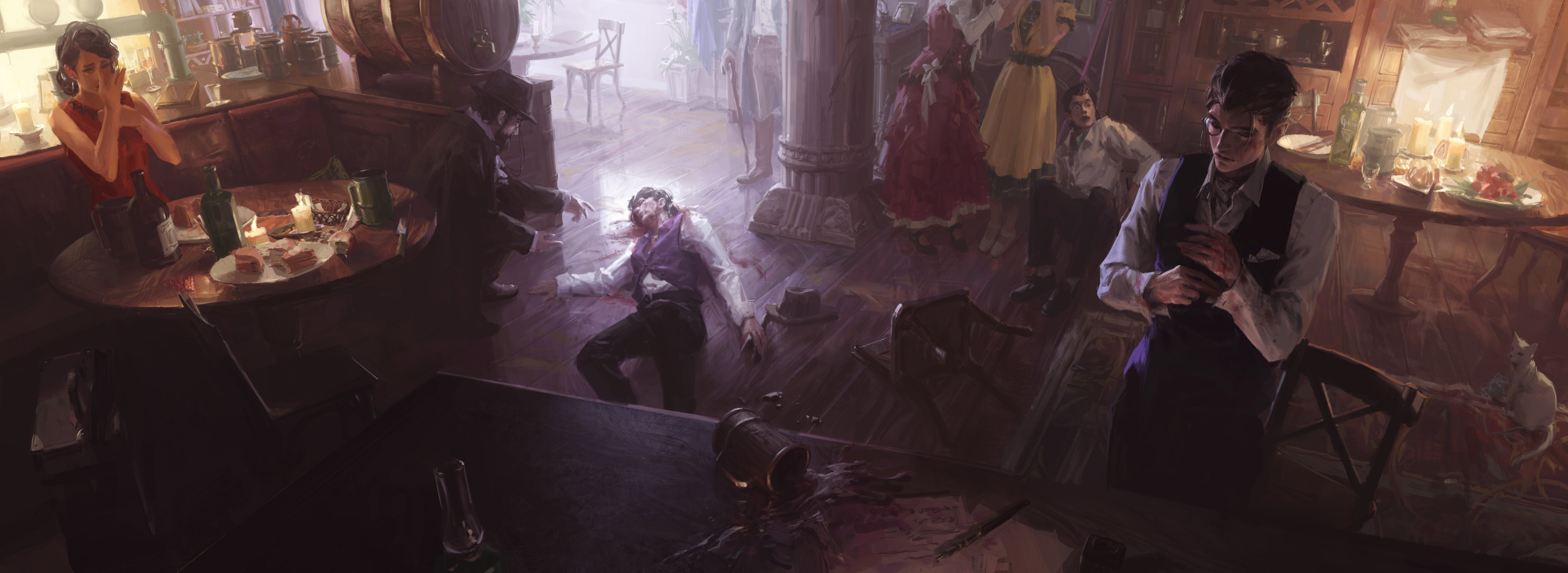 the image depicts a scene in what appears to be a restaurant or bar where a murder has taken place. a man lies on the floor in a pool of blood, indicating he is the victim. several people are present in the scene, including a woman at a table covering her face in distress, another man examining his hands as if they are covered in blood, and a group of people in vintage attire who appear to be witnesses or suspects. there's a detective kneeling down, and a white cat sitting on a chair in the bottomright corner. the scene suggests a murder mystery or crime investigation.