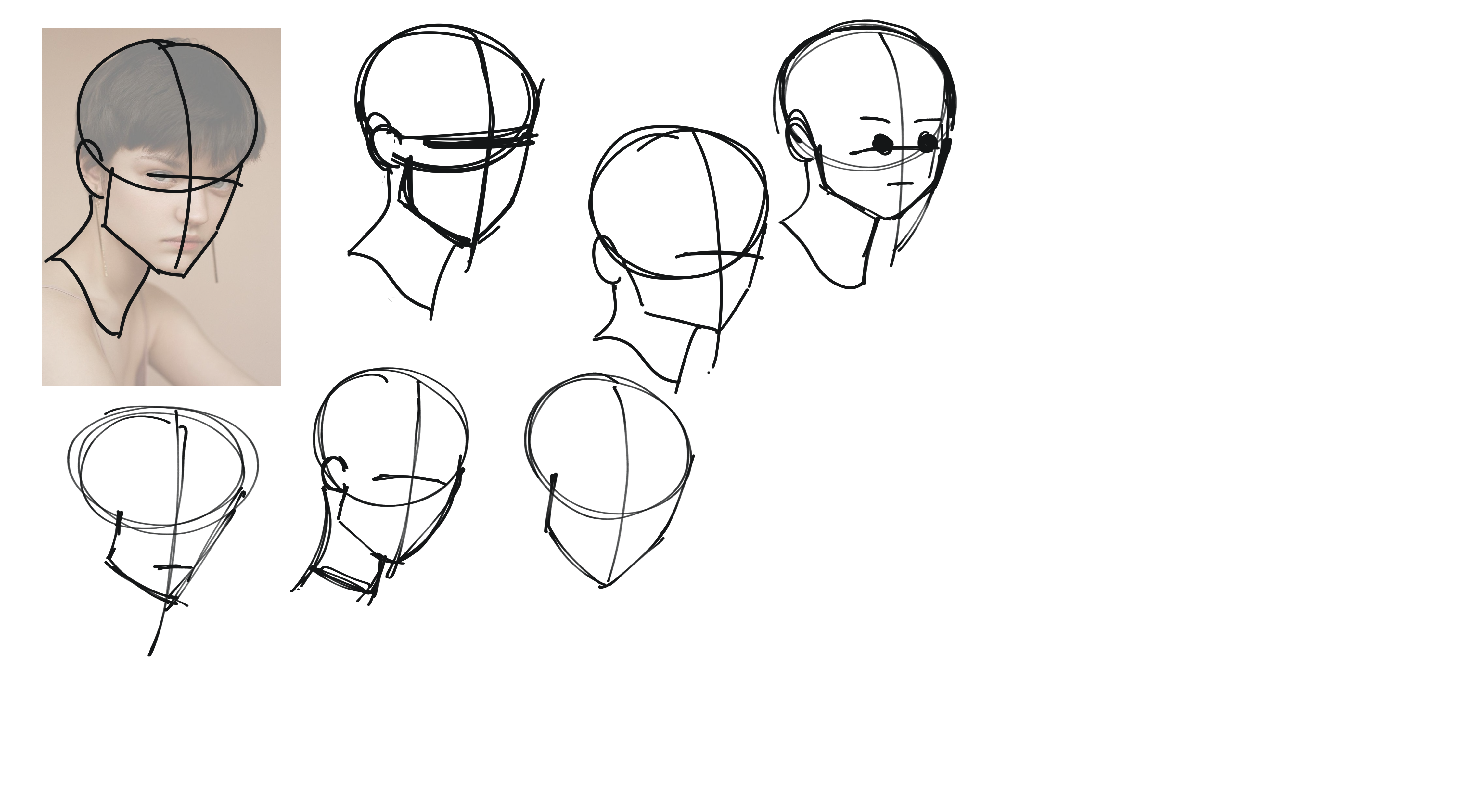 the image shows a collection of head sketches.  a more detailed, finishedlooking head drawing is presented to the left.  the rest of the image contains multiple quick, gestural sketches showing various angles of the head and neck, primarily constructed using basic shapes and guidelines to demonstrate head structure and proportions. the style is loose and expressive, characteristic of a practice or study session focused on developing drawing skills.