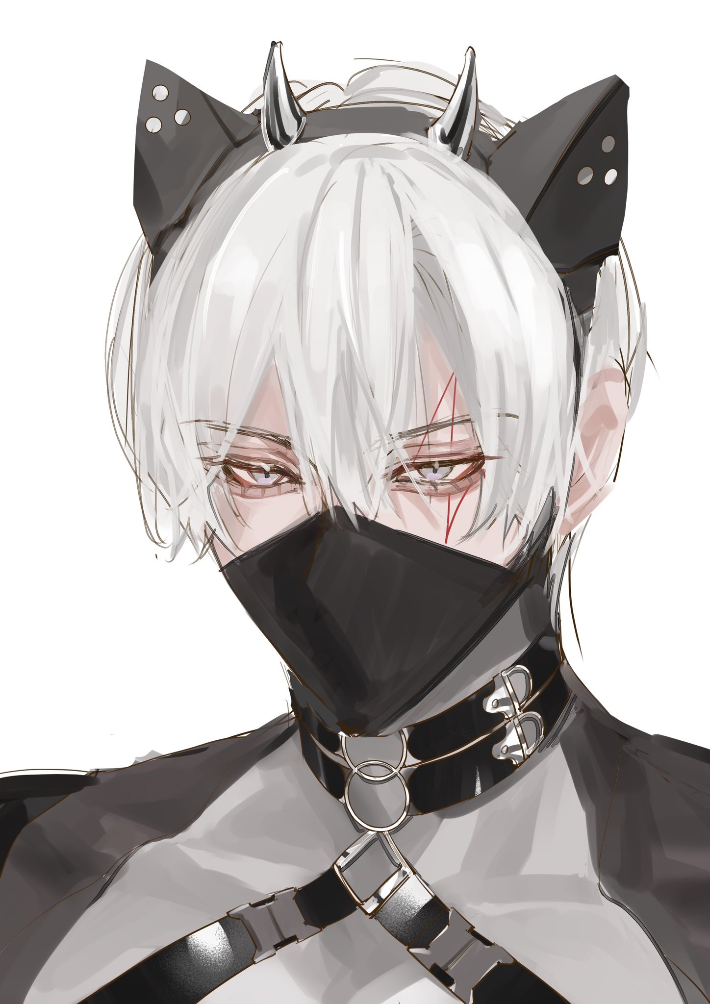 an illustration of an anime male character with white hair. the character is wearing a black mask and a black choker with silver rings. they are also wearing black cat ears with horns on top. the background is white.