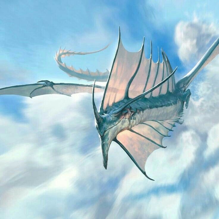 an illustration of a large, blue, serpentine dragon with saillike wings soaring through a cloudy sky.