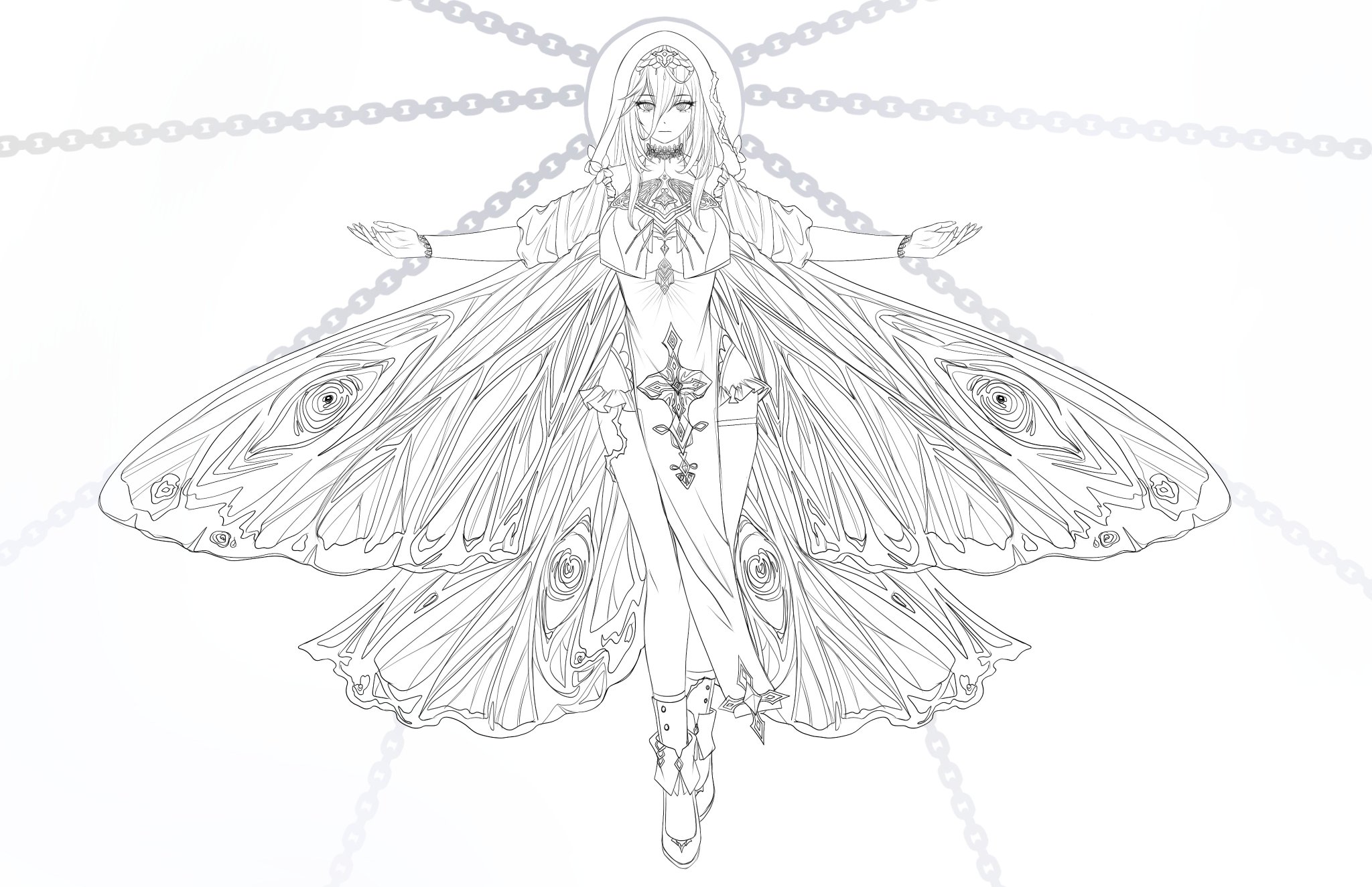 this is a black and white line art drawing of a woman with butterfly wings. she is wearing a flowing gown and has chains around her body. she appears to be floating in the air. the drawing has a magical and ethereal feel. the woman is surrounded by chains. the art style is elegant and beautiful. the woman is depicted with her arms extended in a welcoming gesture.  the overall impression is of a celestial being, perhaps an angel or a goddess, who is both powerful and graceful.  she is beautiful and mystical, and her wings are an impressive sight.