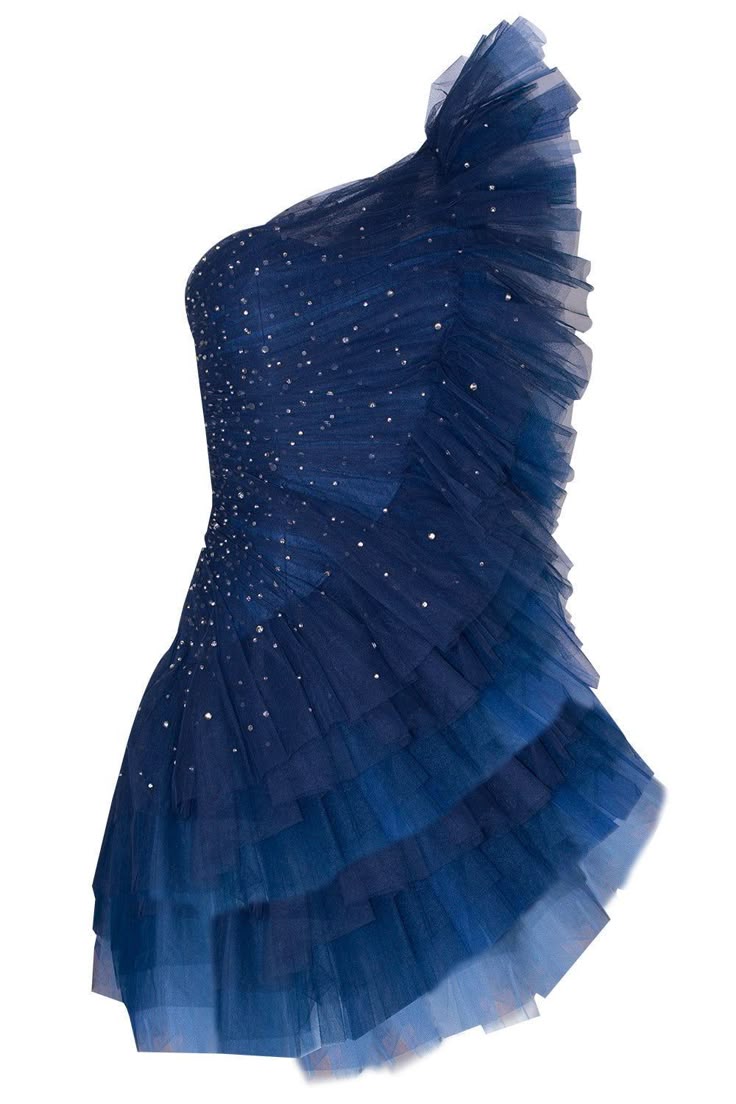 a oneshoulder, blue tulle dress with layers of ruffles and beaded details. the dress has an ombre effect, transitioning from dark blue at the top to a lighter blue at the bottom.
