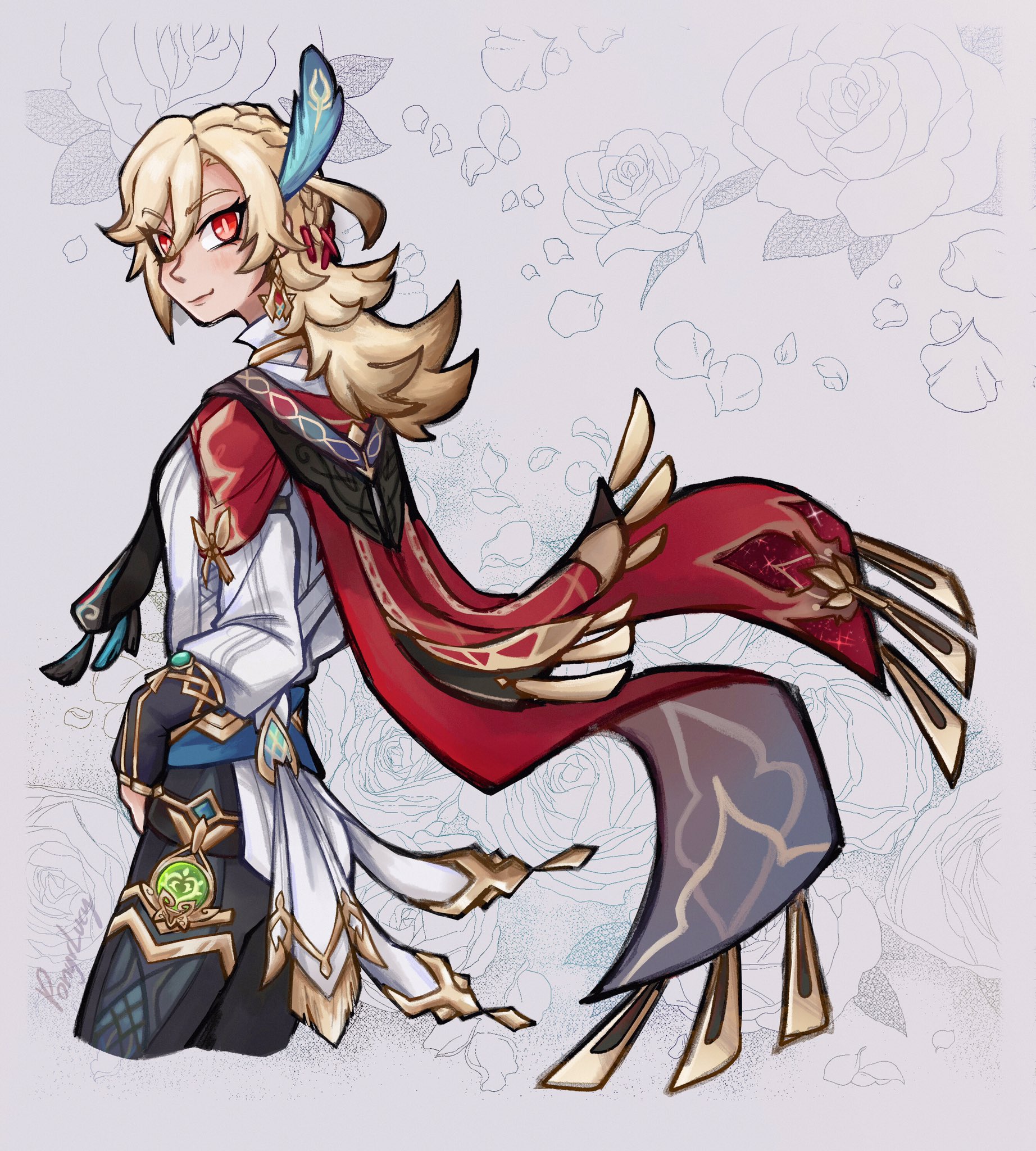 this is an illustration of a male anime character named xiao from the game genshin impact. he has long blonde hair and wears a red and white scarf with gold details. the background is a blur of light grey with white roses and petals.