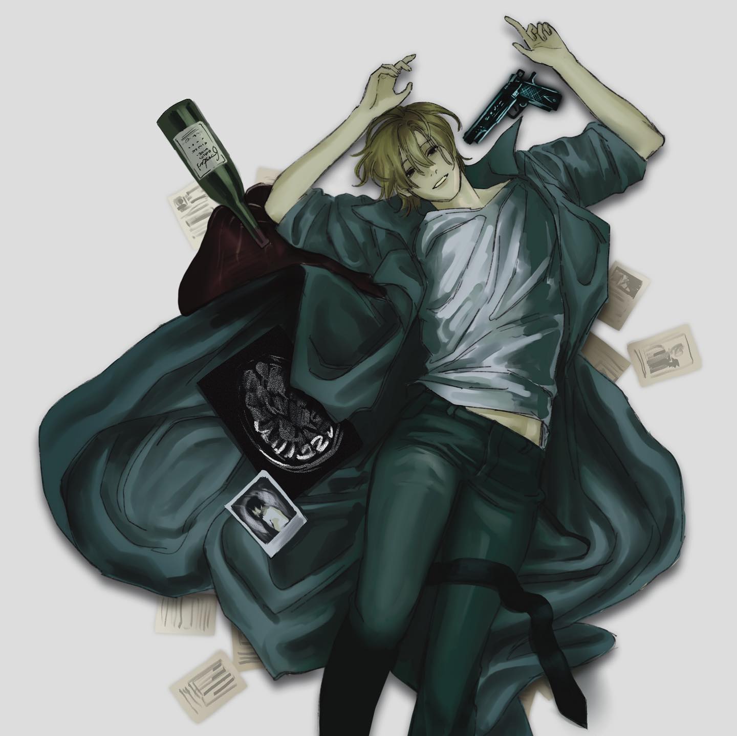 the image is of a young man, possibly dead, laying in a room. he has blond hair and is wearing a jacket and pants. he is holding a gun and there is a bloodstain on his jacket. the image is dark and mysterious, and there are other objects, like a bottle of wine,  in the room.  the image appears to be set in a crime scene. the image is stylized with an anime aesthetic.