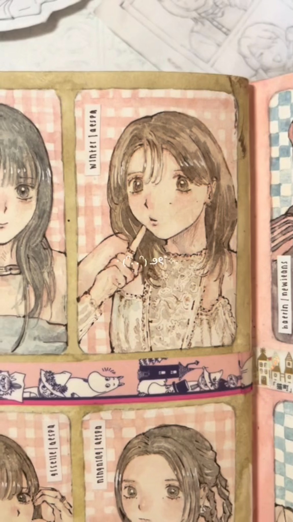the image is a collection of anime girl illustrations. each illustration is framed and labelled with a name. the girls are all drawn in a soft and whimsical style, with delicate features and sweet expressions. they are dressed in cute and stylish outfits, and their hair is done in a variety of styles. the background is a soft pink checkered pattern. the overall feeling of the image is one of sweetness and joy.