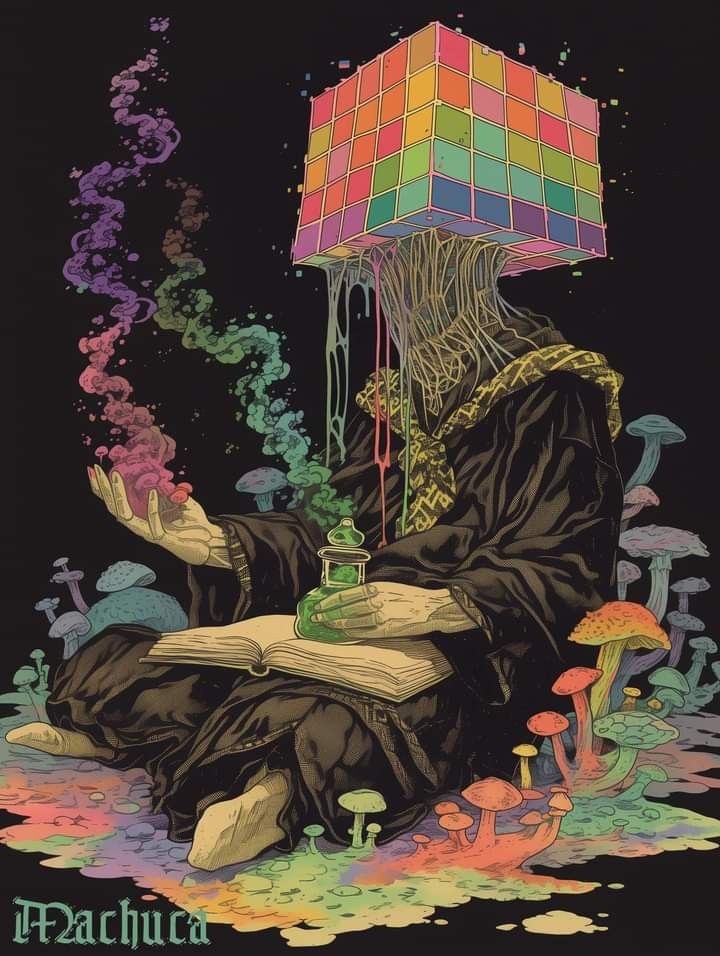 a wizard with a rubik's cube for a head sits crosslegged amidst a field of colorful mushrooms. he wears a dark robe and holds a glowing potion bottle in one hand and an open book in the other. swirls of colorful smoke rise from his hands and the mushrooms around him, creating a psychedelic and mystical atmosphere. the artwork is set against a dark background, which further enhances the vibrant colors and intricate details.