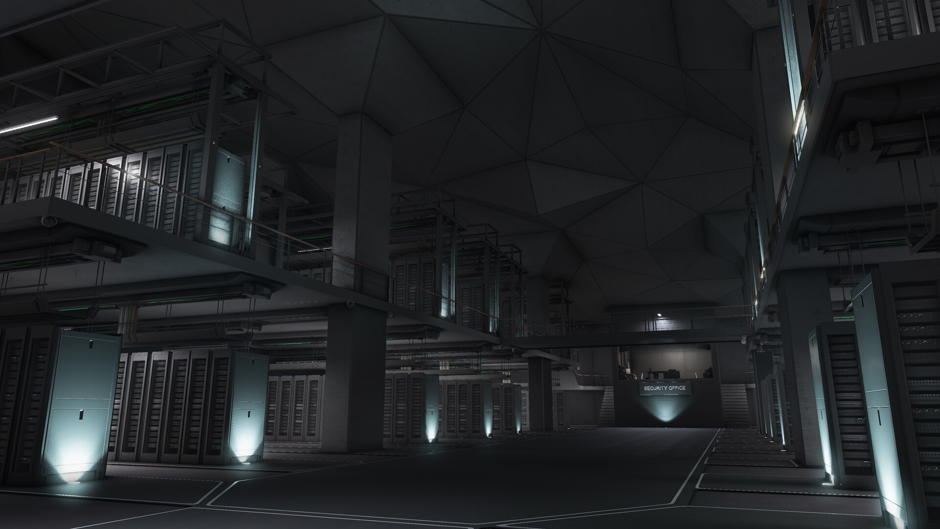 the image shows a dark and futuristic server room. the room is filled with rows of servers, all connected by a network of cables and wires. the room is lit by a few dim lights, casting long shadows across the floor. the ceiling is made of a series of geometric shapes. the image has a sense of mystery and suspense. it is a very abstract image, and it is hard to tell what is going on. but it is clear that this is a place where data is stored and processed, and it is a place of great importance. the image is very wellcomposed, and it is visually striking. it is an image that is sure to capture the imagination of anyone who sees it.