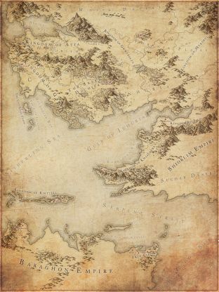 this image is a detailed map of a fictional world.  the map features kingdoms, empires, mountains, rivers, seas, and other geographical features. it is drawn in a vintage style and is wellworn, creating a sense of age and history.  the map could be used as a tool for storytelling, roleplaying games, or simply as a decorative piece.