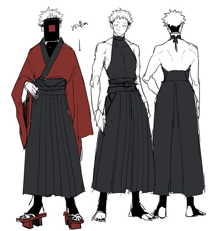 the image shows a sketch of three male anime characters wearing different variations of traditional japanese clothing. on the left is a character wearing a red kimono with a black hakama, the middle character is wearing a black hakama with a high collar top, and the character on the right is wearing a black hakama with a white top. all three characters have black hair.