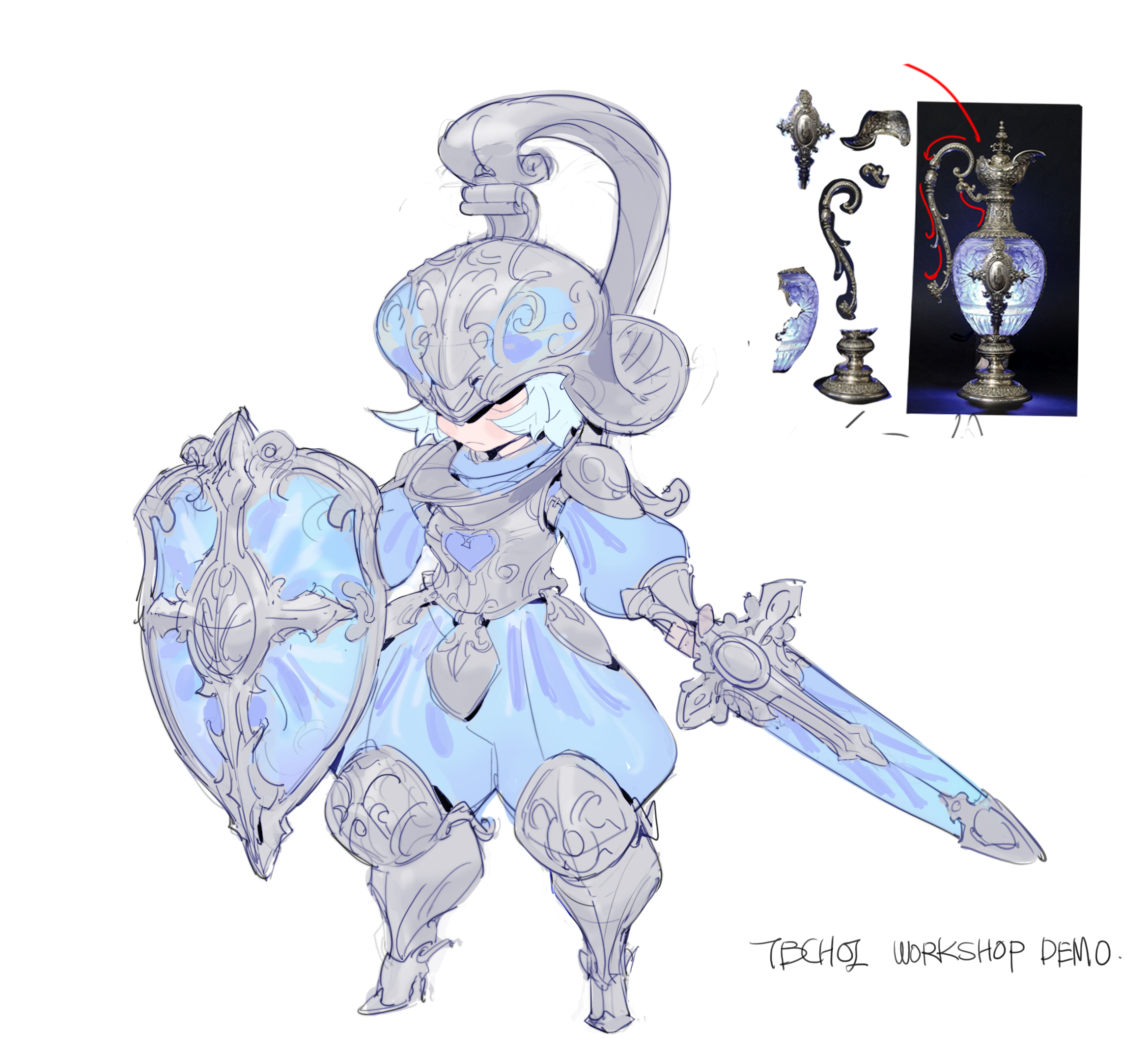 the image is a concept art piece showcasing a female knight character design. the style is a blend of anime/chibi aesthetics with a fantasy setting. the knight is small and cute, wearing elaborate silver armor with blue accents.  she holds a sword and shield, both similarly ornate and detailed.  to the right, a disassembled ornate silver pitcher or vase is shown,  clearly serving as a design reference for the knight’s armor.  the artist's signature "tbchoi workshop demo" is visible at the bottom. the overall sketch style suggests it's a work in progress or a demonstration piece.
