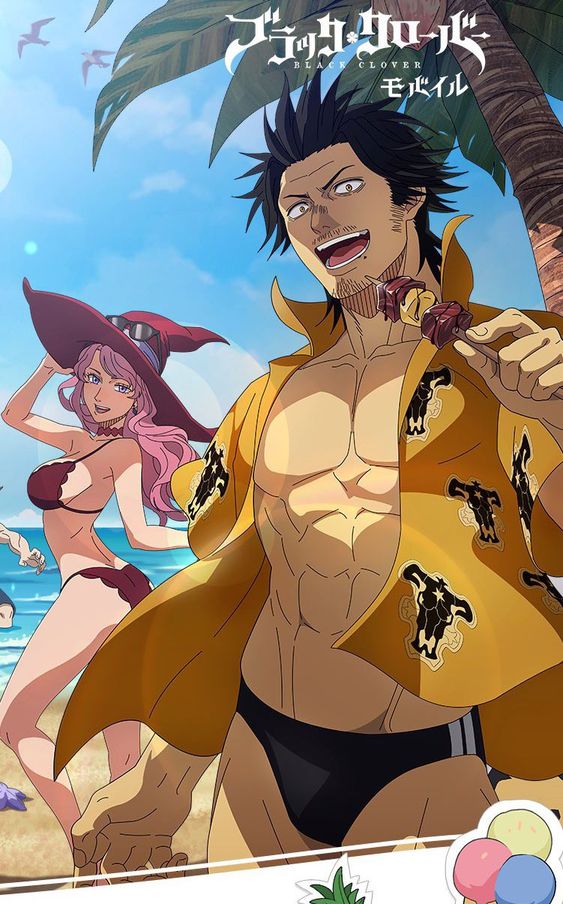this is a fun image from the anime black clover, featuring the characters yuno and noelle in beachwear, enjoying a summer vacation. yuno is holding a skewer of food, while noelle is smiling with her swimsuit on.  the image has a bright color palette, and the characters are enjoying a fun time at the beach. this is a great image for fans of the anime to enjoy.