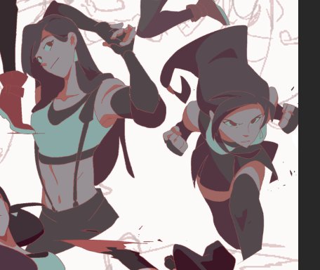 this is a digital drawing of an anime character in a fighting pose. the character is a young woman with long black hair, wearing a black and blue outfit. she is midair and striking a fighting pose. the background is a blurred image of the same character, also in midair.