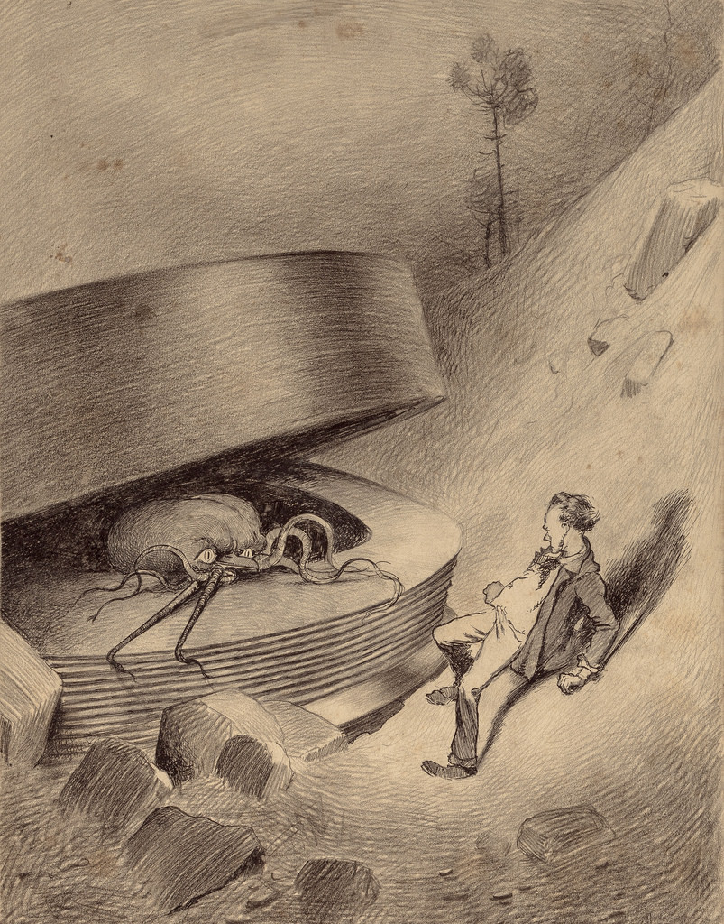 a sepiatoned illustration depicts a man encountering a large, spiderlike alien emerging from a round, metallic spacecraft that has landed on a rocky mountainside.  the man, dressed in period clothing, sits on a rock, gazing up at the alien.  a single, tall tree stands in the background.