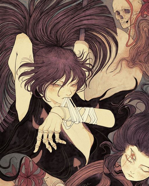 the image is a dark fantasythemed illustration featuring several stylized figures and elements. the main subject is a young woman with dark hair, pale skin, and an eerie, ethereal appearance. she is wearing a black dress with a poker sign design, and there is a flower visible near the bottom. her arm is wrapped in bandages, and her hand has a skeletal appearance. above her, a skeleton skull floats, adding to the ghostly atmosphere. in the bottom right corner, there's a second woman with three eyes and dark hair. the overall aesthetic is reminiscent of anime and manga styles.