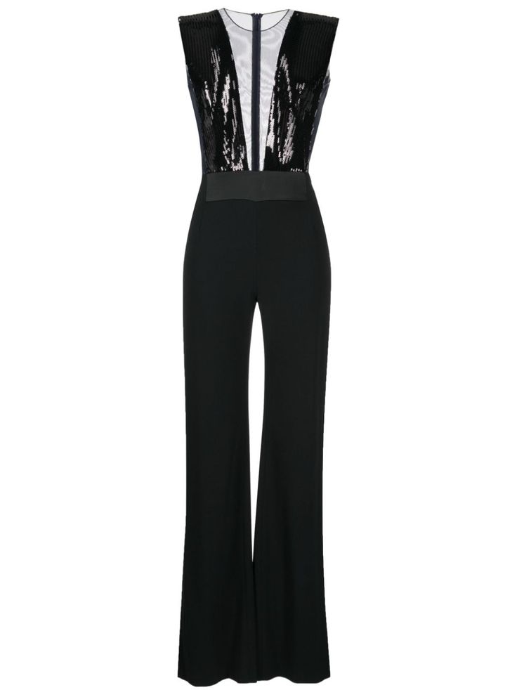 a black sleeveless jumpsuit with wide legs and a vneckline. the top of the jumpsuit features black sequins that create a shimmering effect. the jumpsuit is made from a smooth, luxurious fabric, making it perfect for an evening event. the wide legs give the jumpsuit a flattering silhouette. the jumpsuit is a versatile piece of clothing that can be dressed up or down.