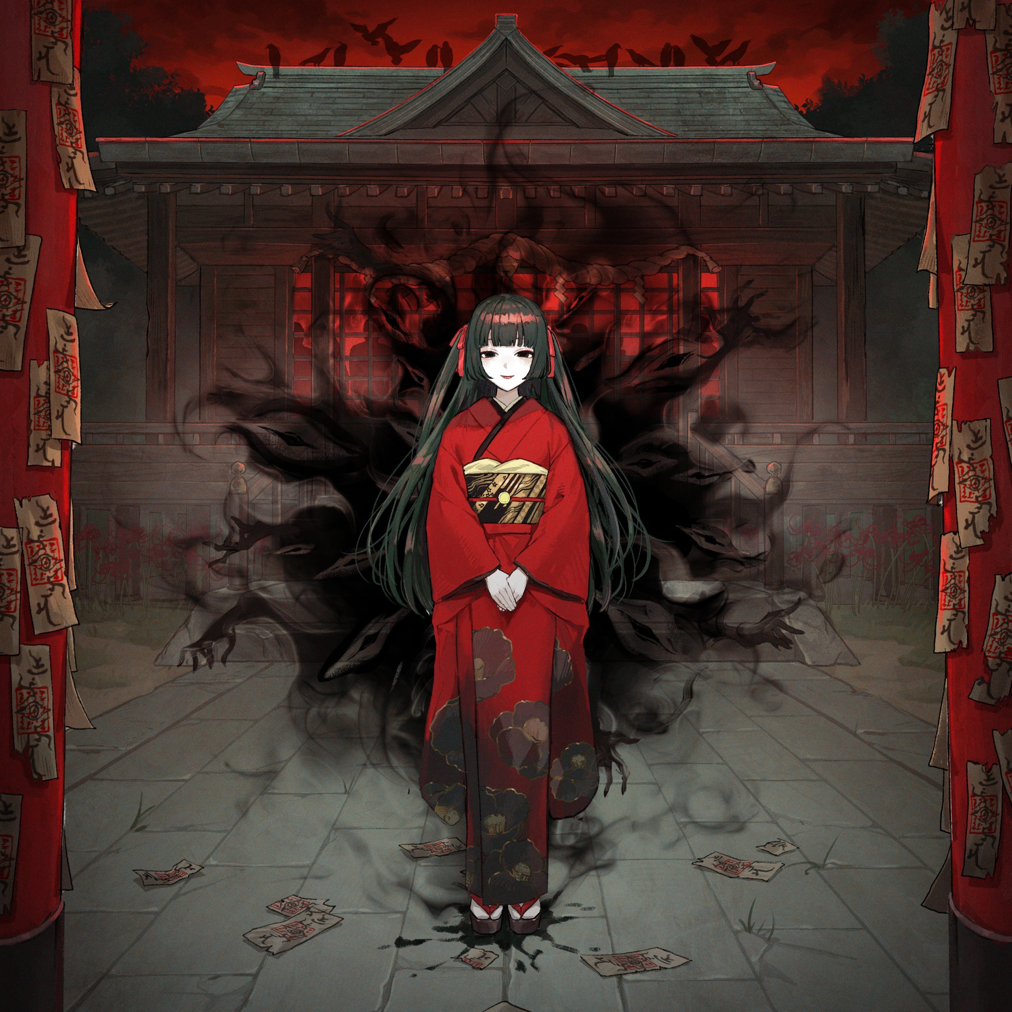 the image is a digital painting or illustration in an anime style, depicting a young woman in a vibrant red kimono standing before a dark, ominous japanese temple.  she has long black hair and appears somewhat pale.  the kimono is intricately detailed with dark patterns.  a large, shadowy, almost smoky figure seems to emanate from behind her, taking the form of many dark, reaching hands.  the overall atmosphere is mysterious and unsettling, with a blend of gothic and supernatural elements. scattered pieces of paper lie on the ground in front of her, and red prayerlike scrolls hang from the pillars of the temple. the background is a dark, almost bloodred sky, further enhancing the ominous atmosphere.  the style suggests a connection to japanese folklore or horror themes.
