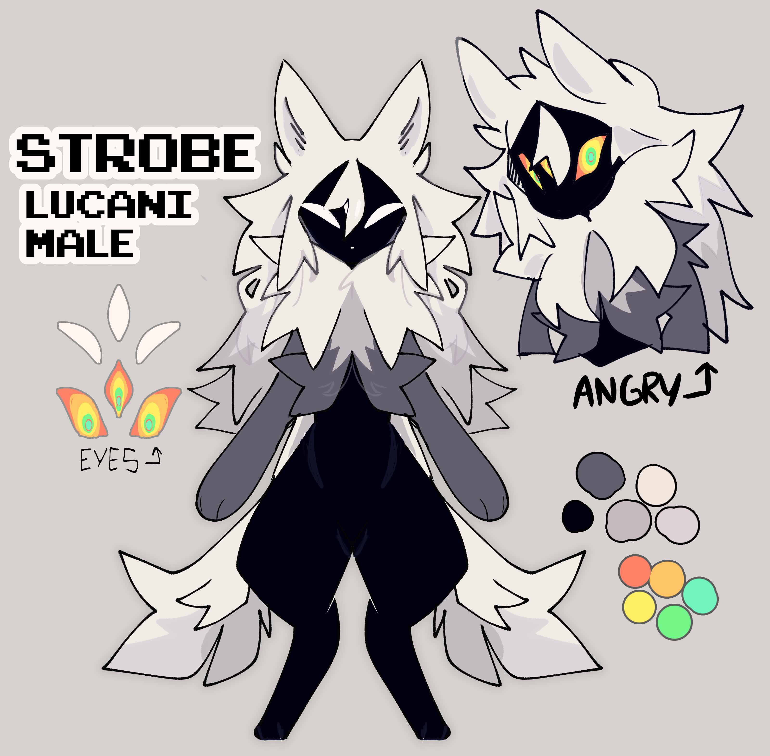 this is a digital illustration of a furry character design.  the character is a furry, white canine creature with a black body, and large white fluffy tail.  the character has a menacing expression with angry yellow eyes, and a black cape.  the character's design includes a color palette and an alternative angry face.