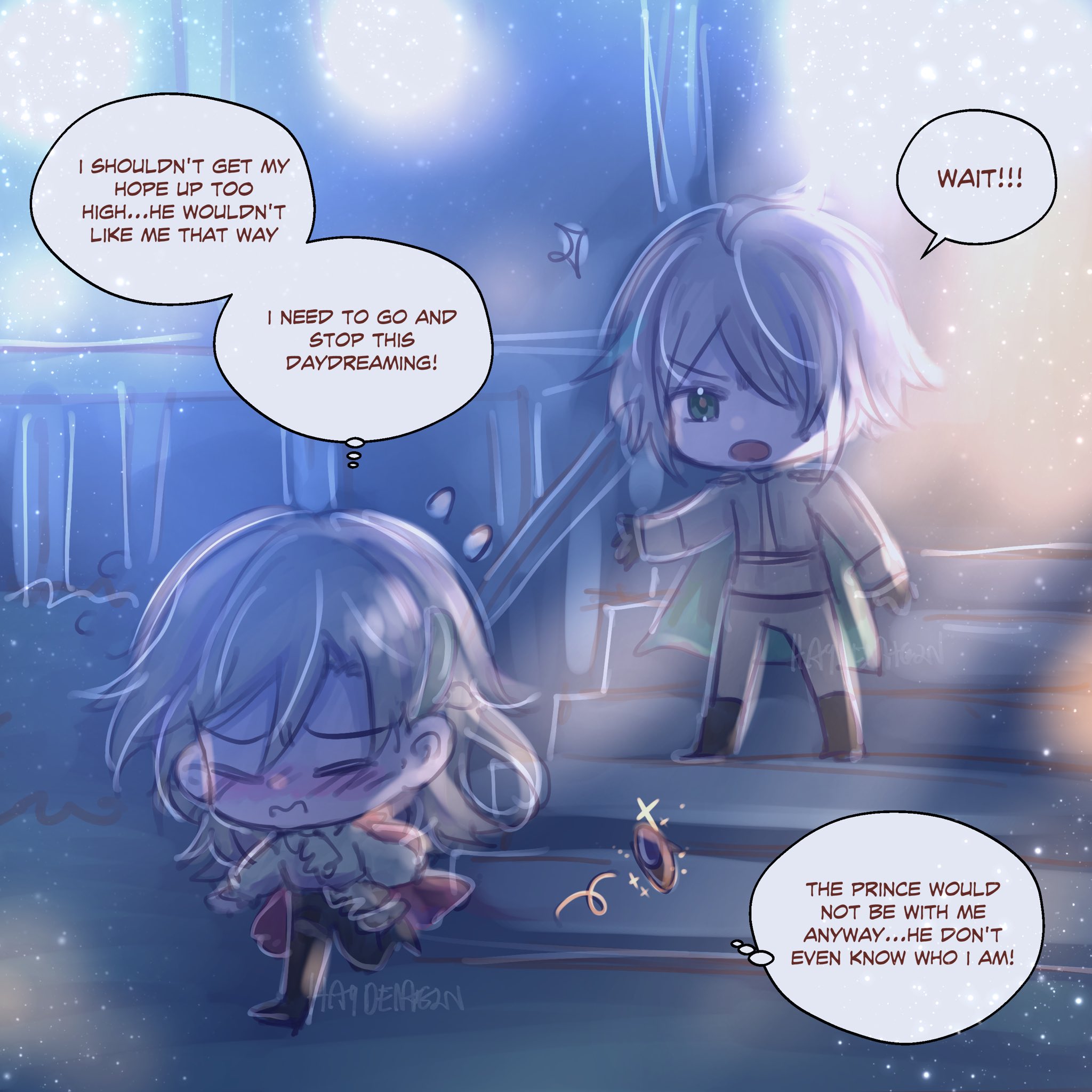 this is a mangastyle image depicting two characters, a young girl with long white hair and a boy with short white hair. the girl is clearly distressed as her cheeks are red and she has a sad expression. she is saying, "i shouldn't get my hope up too high...he wouldn't like me that way" in a thought bubble above her. the boy is smiling and is clearly in high spirits as he says "wait!!!" with a thought bubble above him. he is telling her, "the prince would not be with me anyway...he don't even know who i am!". the girl is trying to ignore the boy and get her head out of the clouds. she is telling herself "i need to go and stop this daydreaming".