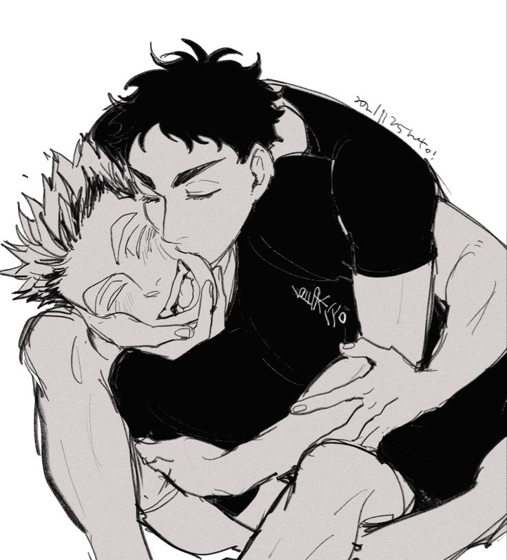 a black and white manga drawing of two anime boys, one in a black tshirt