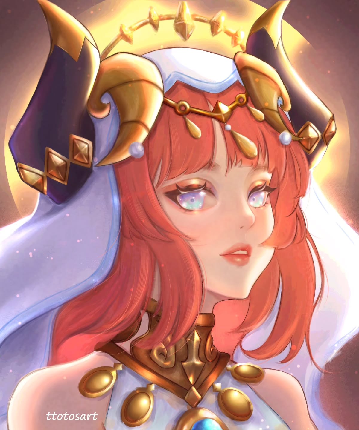 the image is a digital painting or illustration of a beautiful animestyle female character. she has long, flowing red hair, and is adorned with a golden crown and ornate jewelry.  she appears to be a celestial being or goddess, with a halolike glow around her head. her expression is serene and peaceful. the art style is soft, with pastel colors and delicate details. the overall mood is ethereal and magical.