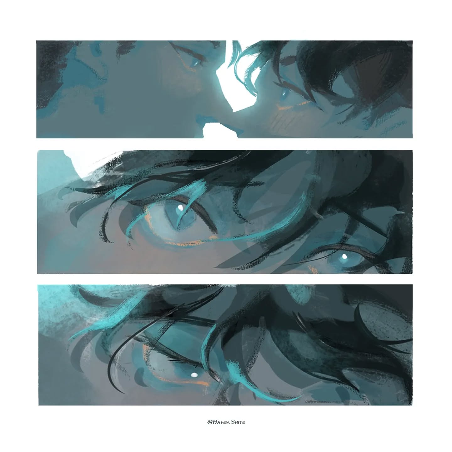 the image is a digital painting or illustration depicting a seemingly romantic moment between two young men.  the style is abstract and painterly, focusing on closeups of their faces and eyes. the color palette is primarily teal, blue, and dark greens, creating a moody and atmospheric feel.  the image is divided into three horizontal panels, each showing a different perspective or angle of the couple.  the top panel shows the suggestion of a kiss, while the lower two panels focus on closeups of their eyes, creating an intense and intimate mood. the art style is expressive and stylized, with visible brush strokes and textures. the overall impression is one of romance, intimacy, and perhaps a sense of mystery or unspoken emotions.