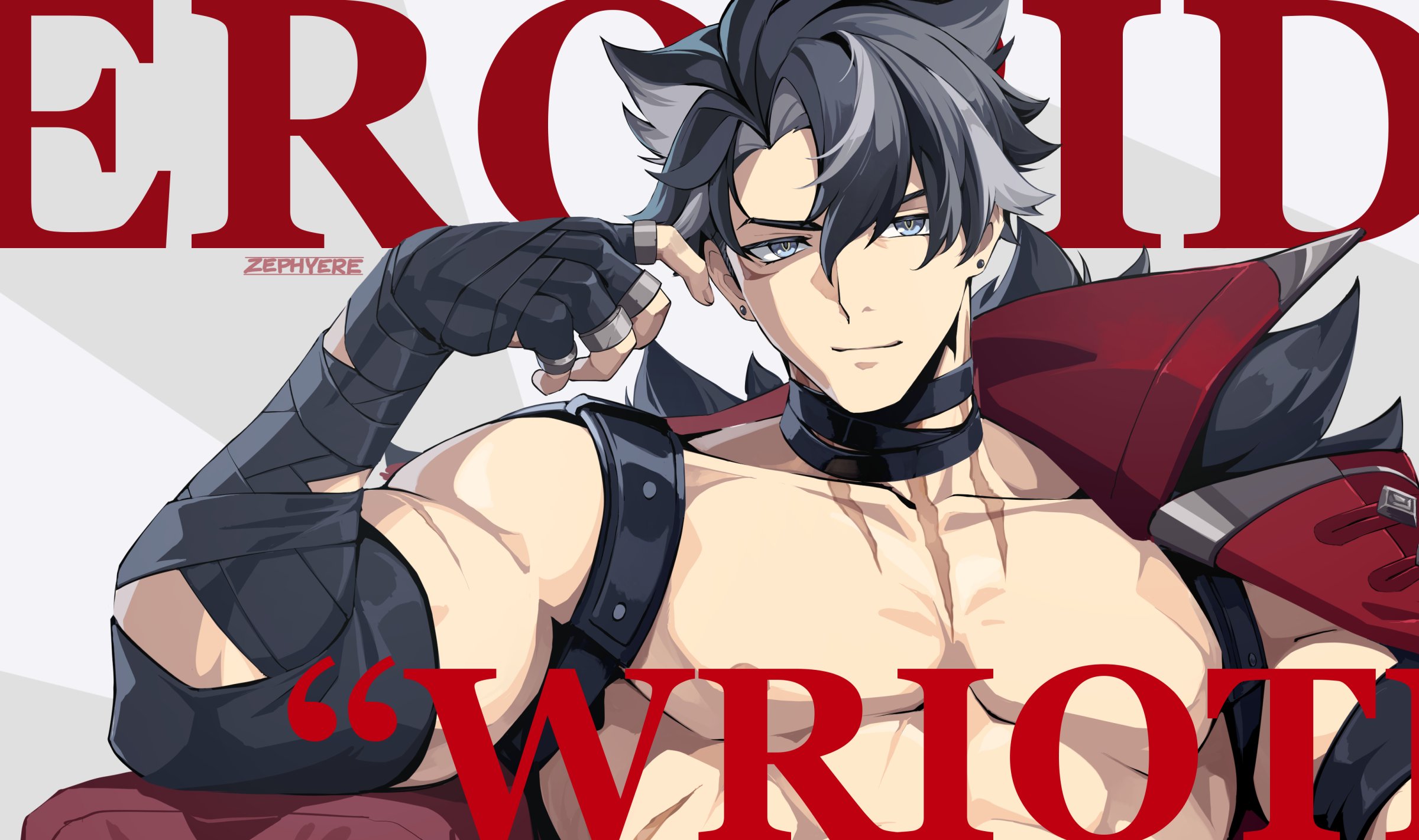the image is a digital fanart depicting a muscular animestyle male character. he has grey and dark hair, styled in a somewhat messy, shoulderlength cut. he's wearing a partially shown outfit with a mix of dark grey/black and red, which seems to be a combination of clothing and armor elements. the character sports dark arm wraps, and his physique is very toned and muscular. he has a confident, almost smirking expression and a hand on his chin, suggesting a selfassured pose.  the background prominently features the stylized words "eroid" and "riot" in large, bold red font, indicating it could be fan art for a game or series with that title, or related theme. the style is clean and polished with sharp lines and welldefined shading. the overall aesthetic leans towards a fantasy or action genre.  a smaller, almost translucent watermark of "zephyere" is present in the upper portion.