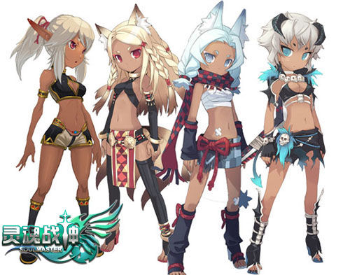 the image showcases four female characters, likely from a video game, rendered in a stylized anime aesthetic. they stand against a blank background, drawing full attention to their elaborate designs and revealing attire. each character boasts unique features like animal ears and tails, detailed outfits with tribal influences, and a wide array of accessories. their exaggerated proportions and poses suggest a focus on their youthful energy and fantasy setting.