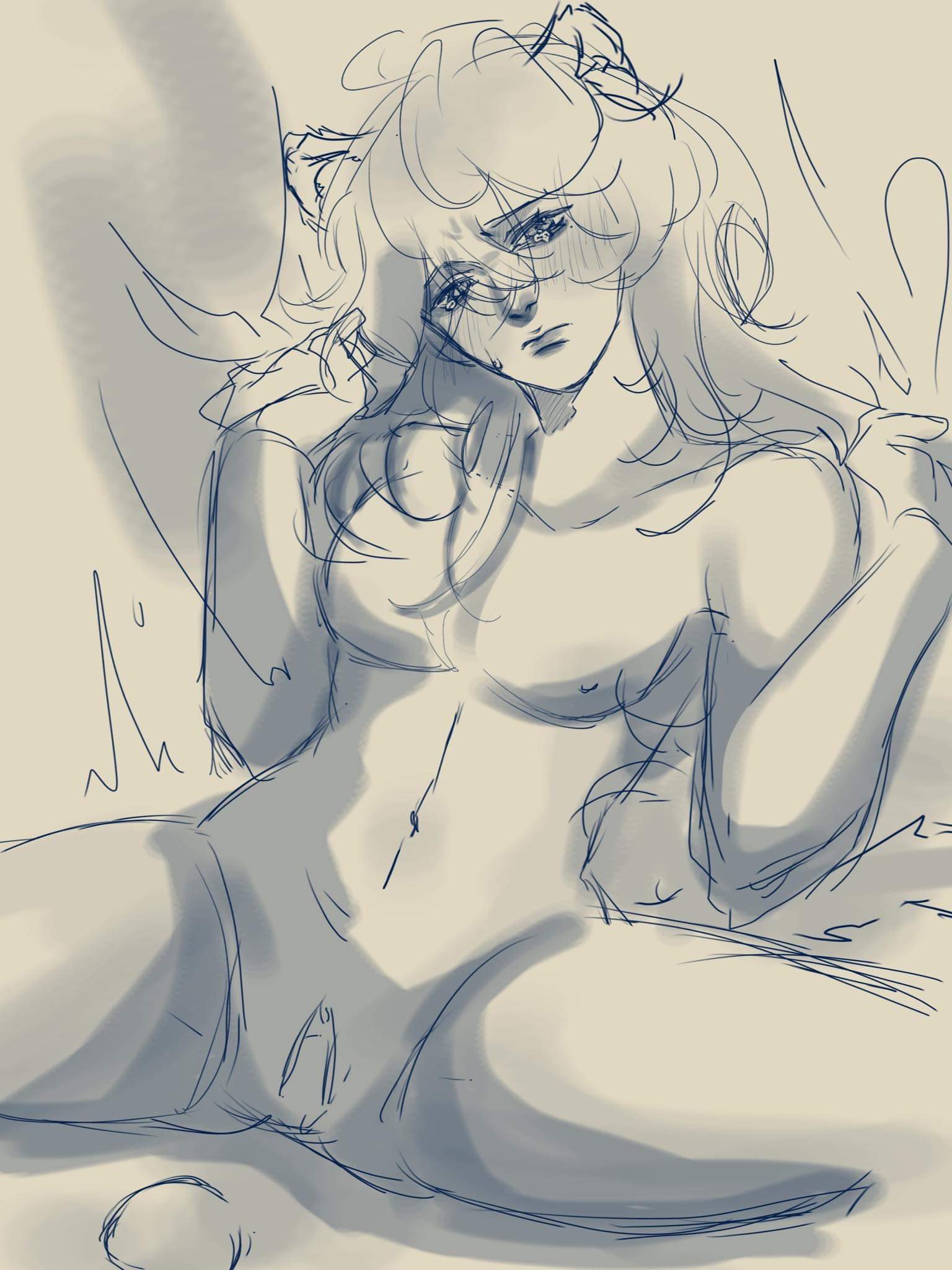 a sketch of a woman with wings, she is sitting with her head resting on her hand, her expression is sad and her eyes are closed. her hair is long and flowing, and she is wearing a simple, flowing dress. the sketch is done in a soft, ethereal style.