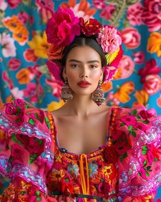 a woman with a flower crown on her head poses in front of a floral backdrop. she is wearing a colorful, traditional mexican dress with elaborate embroidery. her makeup is bold and she is wearing large, dangling earrings. the image is welllit and the woman's expression is confident and engaging.