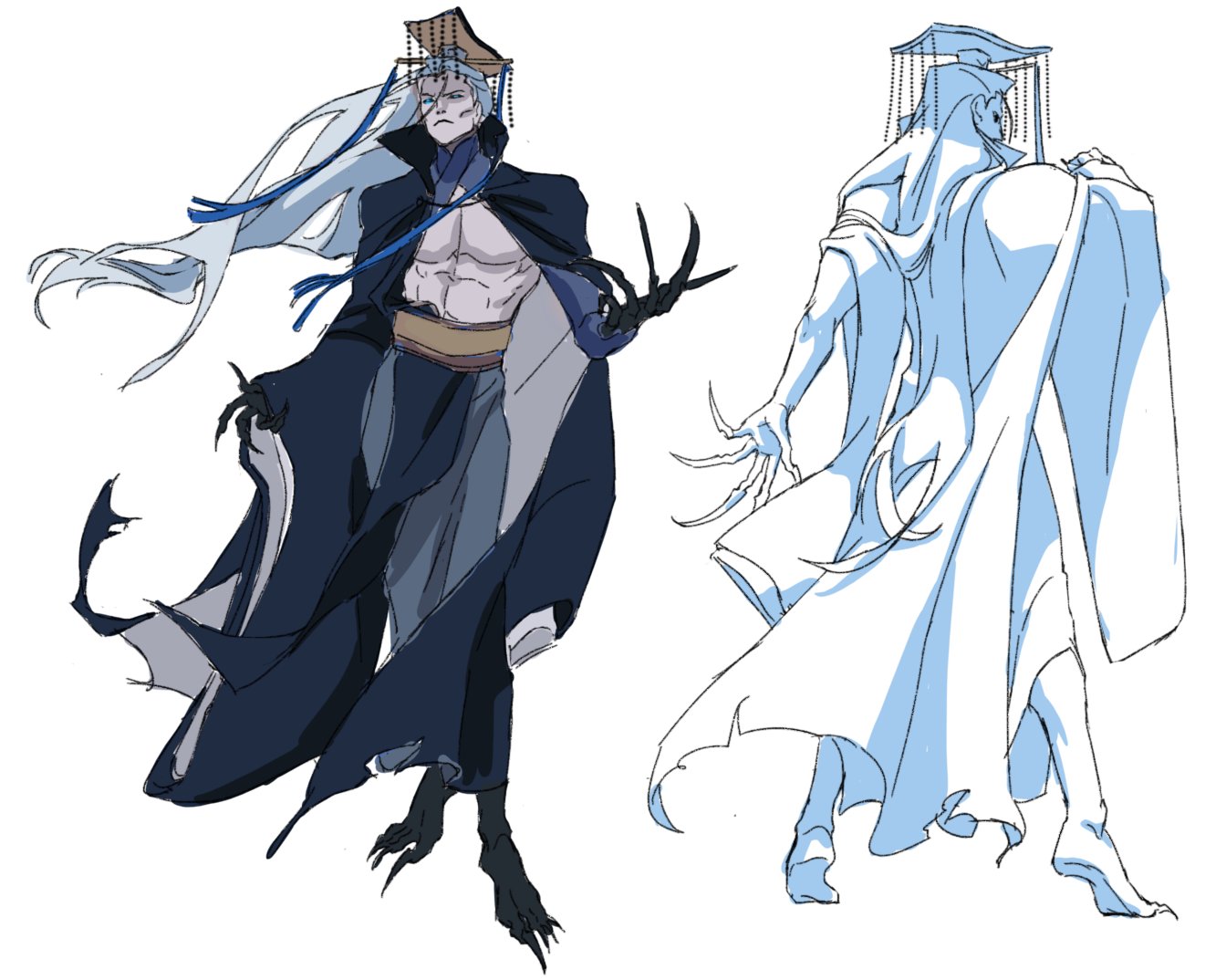this is a drawing of an anime character. he is a humanoid demon with long white hair, wearing a blue robe and a crown. he has claws on his hands and feet. he is in a regal stance, with his cape flowing behind him. the drawing is in a sketch style, with lines that are rough and unfinished.