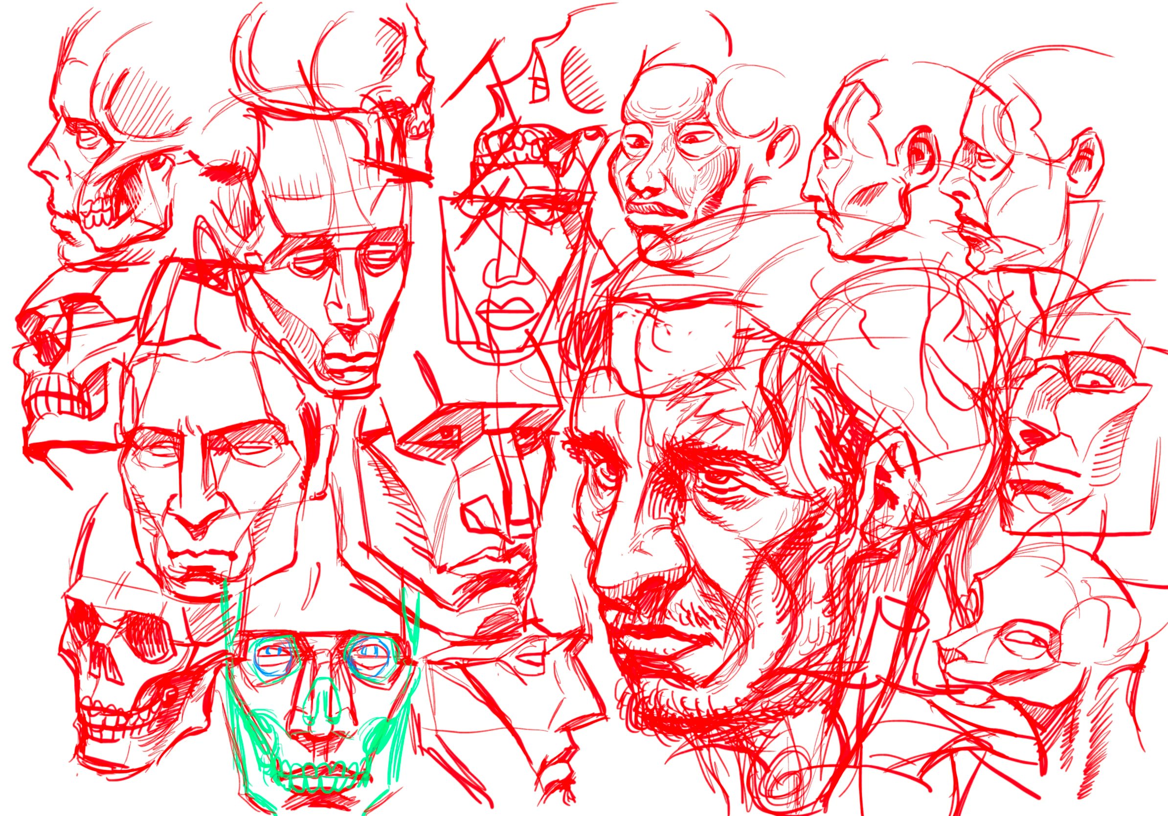 this is a red and white drawing that consists of a composition of different faces in various positions, sketched in a quick fashion. the drawing is very abstract, as if it's an attempt to capture the essence of different facial expressions. the heads are intertwined, creating a dynamic and complex composition.  the drawing has a raw and unfinished feel, with a loose hand and minimal detail. it looks like a work in progress, with a focus on the shape and flow of the lines. the composition is quite fascinating, inviting the viewer to delve into its complexity and dissect the different expressions captured.