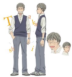 a character design sheet for an anime or manga character. the sheet shows the character, a young man with grey hair and glasses, in multiple poses and angles. he is wearing a white shirt, blue sweater vest, gray pants, and white socks with black stripes and sandals. his name, takashi, is spelled out next to him in stylized letters. there are also smaller, bustup images of his head at different angles. the background is white.