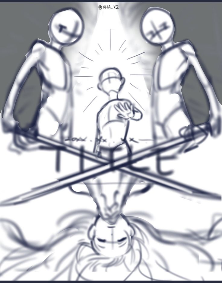 the image is a sketch of three stick figures. the stick figures are engaged in a battle or duel with swords. the two figures on the sides have their swords crossed in front of a figure in the middle. the image is in black and white with only line art. the center figure is upside down and a shadowy figure at the bottom is laying prone.