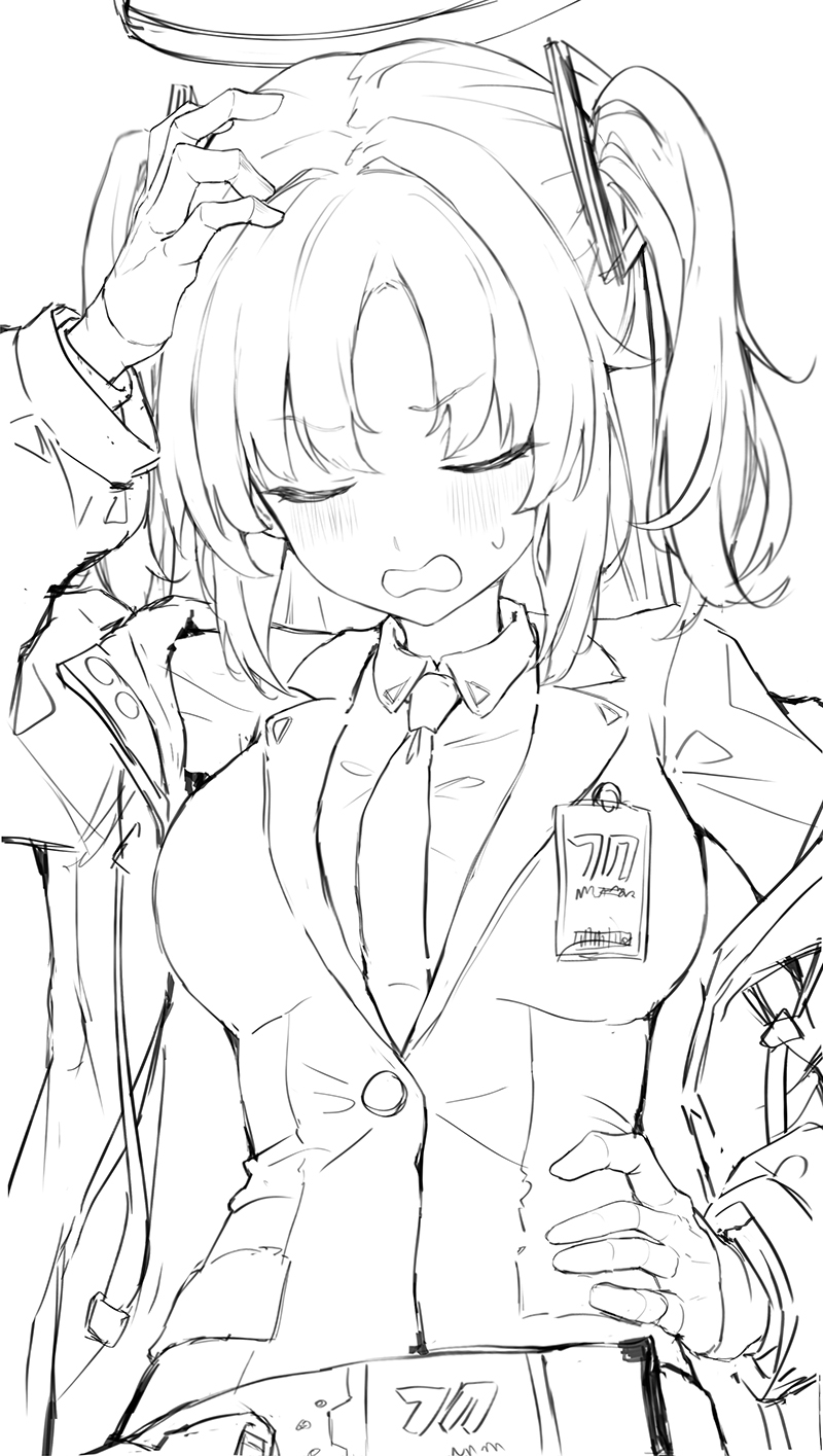 the image is a black and white sketch or drawing of an animestyle girl. she has long hair tied in a ponytail, and she is wearing a suit jacket, tie, and what looks like an id card or badge. her expression is one of stress or frustration.  she appears to be touching her hair and holding her other arm around her torso. the style is loose and somewhat sketchy. there's a faint halo above her head.