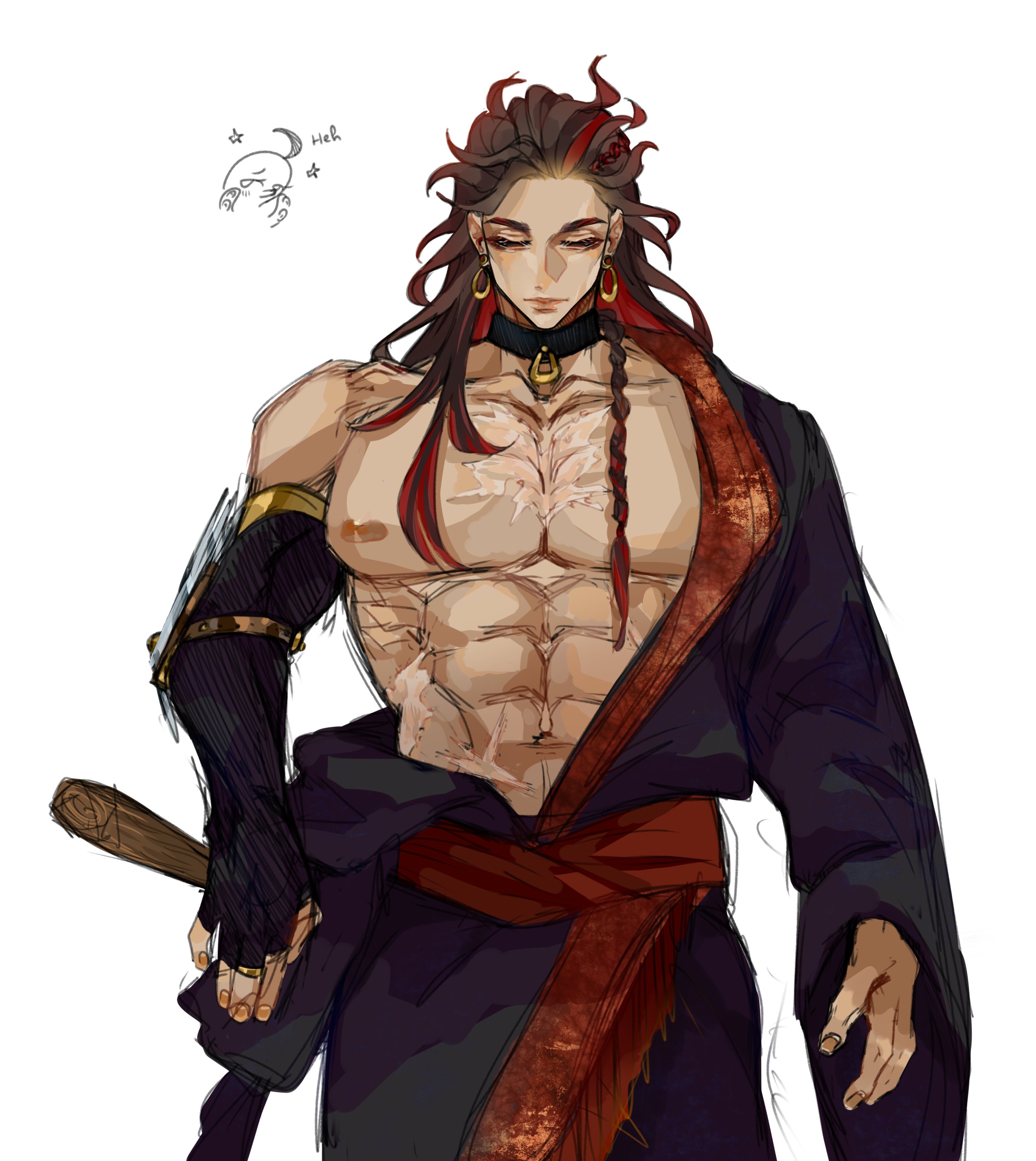 the image is a digital drawing of a muscular animestyle male character. he has long, braided red and dark hair,  and is shirtless, showcasing a toned physique with visible scars on his chest and stomach. he wears a dark purple robe tied with a red sash and dark fingerless gloves.  a darkcolored club is partially visible in his hand.  the character has a serious expression, and the overall style is a blend of fantasy and possibly historical elements, suggesting a warrior or samurai aesthetic. there is a small, playful doodle of a crab in the top left corner. the art style is somewhat sketchy and less polished, appearing more like a quick yet detailed concept sketch or fanart.