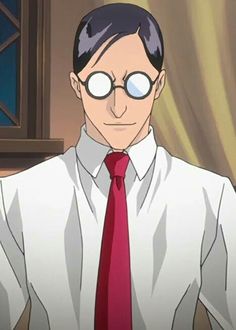 an anime illustration of an adult man with glasses. he is wearing a white shirt and red tie. the man has dark hair, a neutral expression, and is framed from the chest up against a tan background.