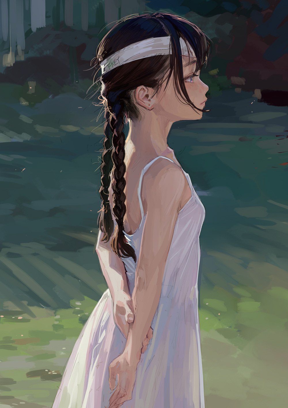 an animestyle illustration of a girl with dark hair braided into two plaits. she is wearing a white dress and a white headband, looking to the right. the background features a blurry green forest setting.