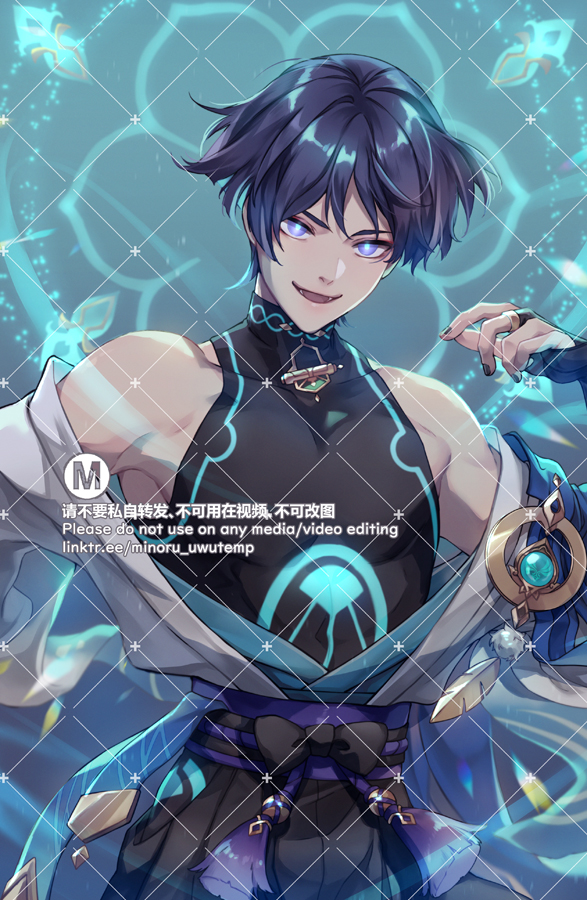 a digital art image of a young anime boy in a black and blue outfit. the boy is smiling and has his hand up. the art style is very detailed, with the clothing and hair being especially intricate.