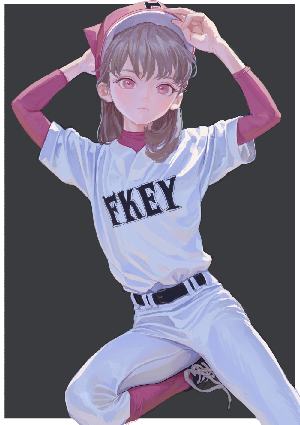 anime style image of a girl wearing a white baseball uniform with the name "fkey" on the front. she has pink eyes and is wearing a cap. a black belt is around her waist. she has a youthful appearance.