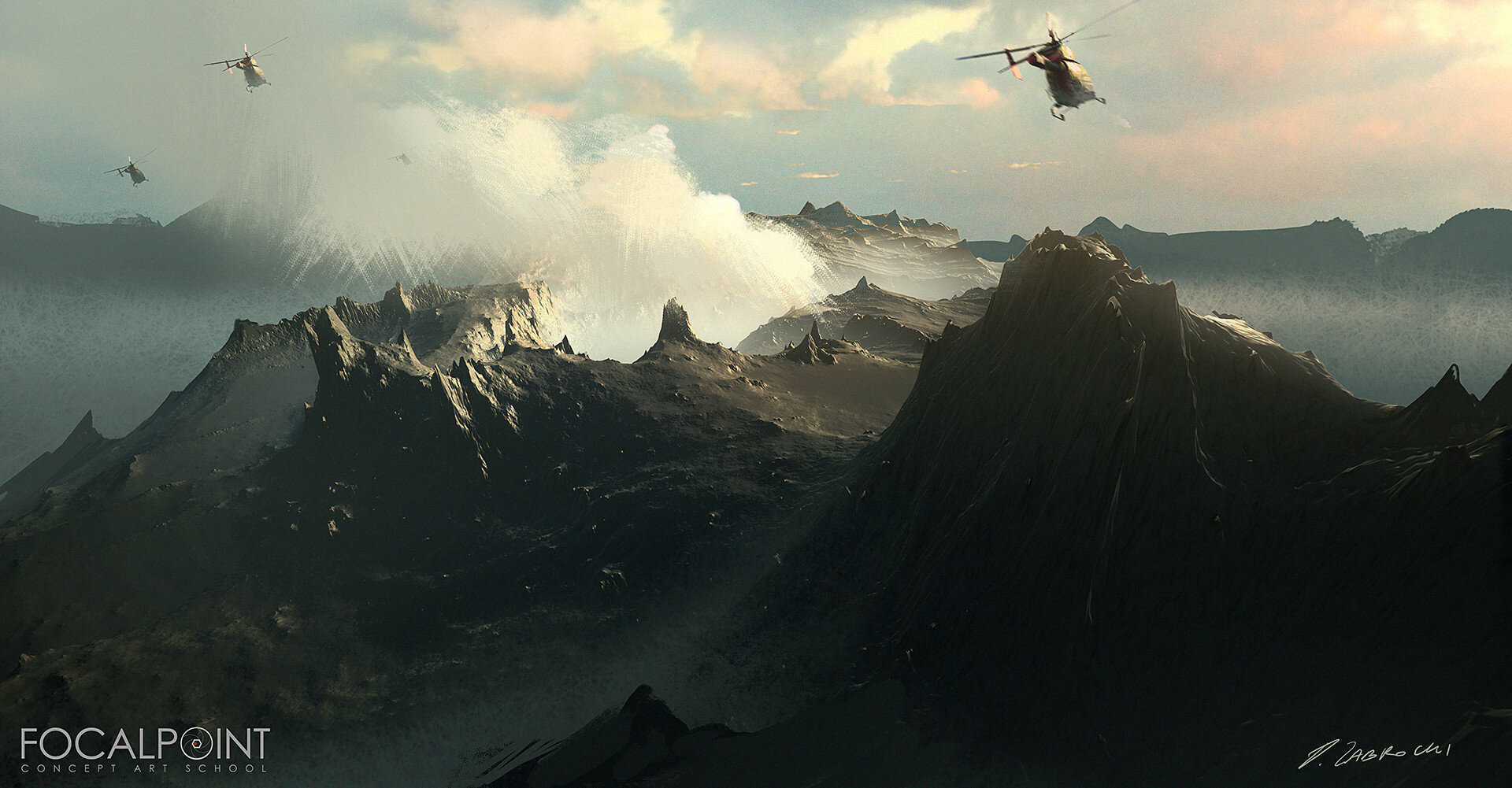 a digital art piece depicting a dramatic landscape with towering mountains, a cloudy sky, and several helicopters flying over them. the mountains are rugged and rocky, and the sky is dark and ominous. the helicopters are flying in formation, and their blades are blurred in motion. the art style is highly realistic and detailed, and the overall mood is one of epic scale and grandeur. the artwork is signed by the artist with the name "j. dako cu".