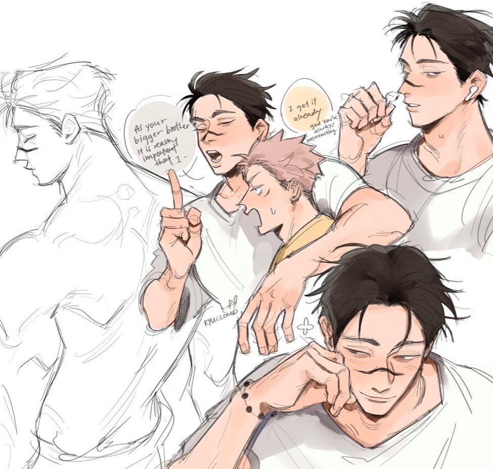 he image shows a collection of sketches featuring several young men, possibly characters from an anime or manga.  they're drawn in a soft, sketchy style with light coloring. the sketches depict various interactions and expressions, with a focus on close relationships and intimate moments. some figures are clearly defined while others are still in the preliminary sketching phase.  there are speech bubbles containing dialogue, suggesting a narrative.  the overall aesthetic is one of warmth and intimacy.